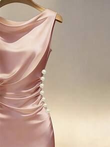 Franclia Champagne Satin Cowl Neck Sleeveless Fitted Dress - Pink - View 3