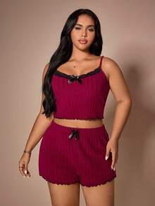 Lazeform Plus Size Casual Lace Patchwork V-Neck Camisole & Shorts Pajama Set - Multicolor - View 3