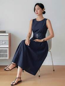 Dazy-Less Women's Sleeveless Belted Midi Dress, Business Casual Vacation Style, Spring & Summer - Navy Blue - View 3