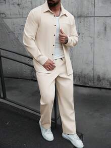 Manfinity CasualCool Bộ áo sơ mi dài tay cổ cài cúc và quần dài dành cho nam, thích hợp cho mùa thu/đông. - Màu be - Xem 5
