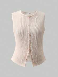Bộ vest thanh lịch dành cho nữ sinh tuổi teen mùa xuân/hè, thích hợp đi học, gồm áo vest không tay cài cúc phía trước và quần ống đứng dáng rộng, chất liệu vải dệt màu trơn. - Màu be - Xem 8