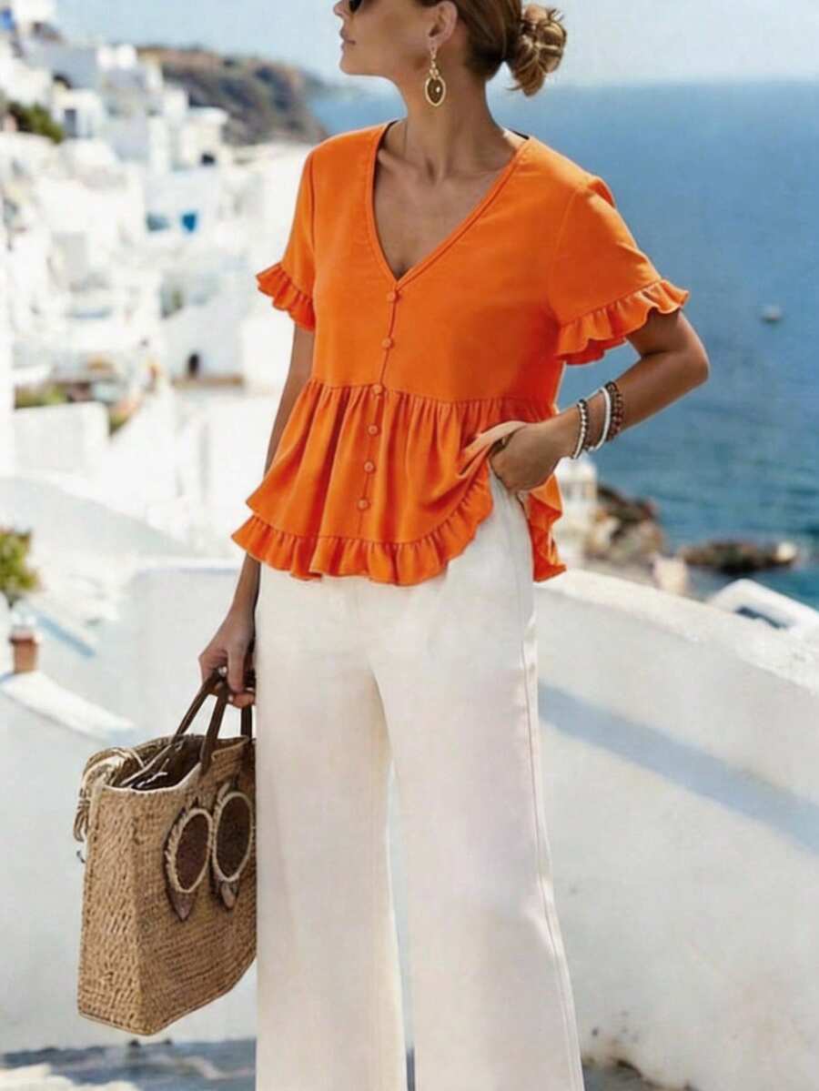 Isle Nomé Women's Summer Casual Burnt Orange Boho Button Decor Ruffle Hem Top, Vacation Holiday Beach - Orange - View 1