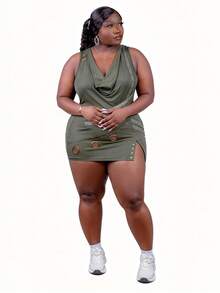 CurvyTilda Plus Size Women Vintage Punk Metal Grommet Decor Draped Neck Asymmetric Hem Fitted Tank Top, For Hourglass Body Shape - Army Green - View 4