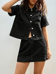 Maija Women's Casual Daily Commute Simple Solid Color Patchwork Pocket Short Sleeve Denim Shirt And Denim Mini Skirt Set, Summer - Black - View 3