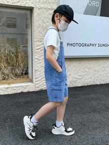 Little Byeori 青少年男孩时尚返校街头风混搭百搭设计Y2K复古酷炫街头蓝色宽松腰带牛仔短裤，适合儿童日常穿着，也适合春夏狂欢节和街头服饰。 - 藍色 - 查看 7