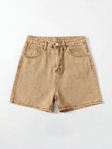 SHEIN EZwear 女士休闲宽松牛仔短裤，带口袋 - 卡其色 - 查看 5