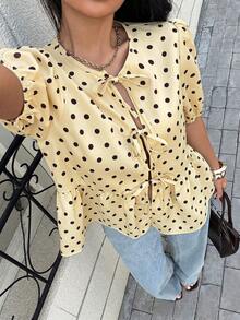 Camisa de mujer de cuello redondo y manga corta, camisa con estampado de cebra con lazo y manga abullonada, blusa de mujer de verano con volantes en el bajo y cuello en V, ajuste regular, manga abullonada, uso casual diario, blusa casual con es - Albaricoque - Ver 4