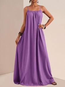 Slaydiva Plus Size Casual Solid Color Maxi Slip Dress,Sundress,Summer Dresses For Women - Purple - View 2