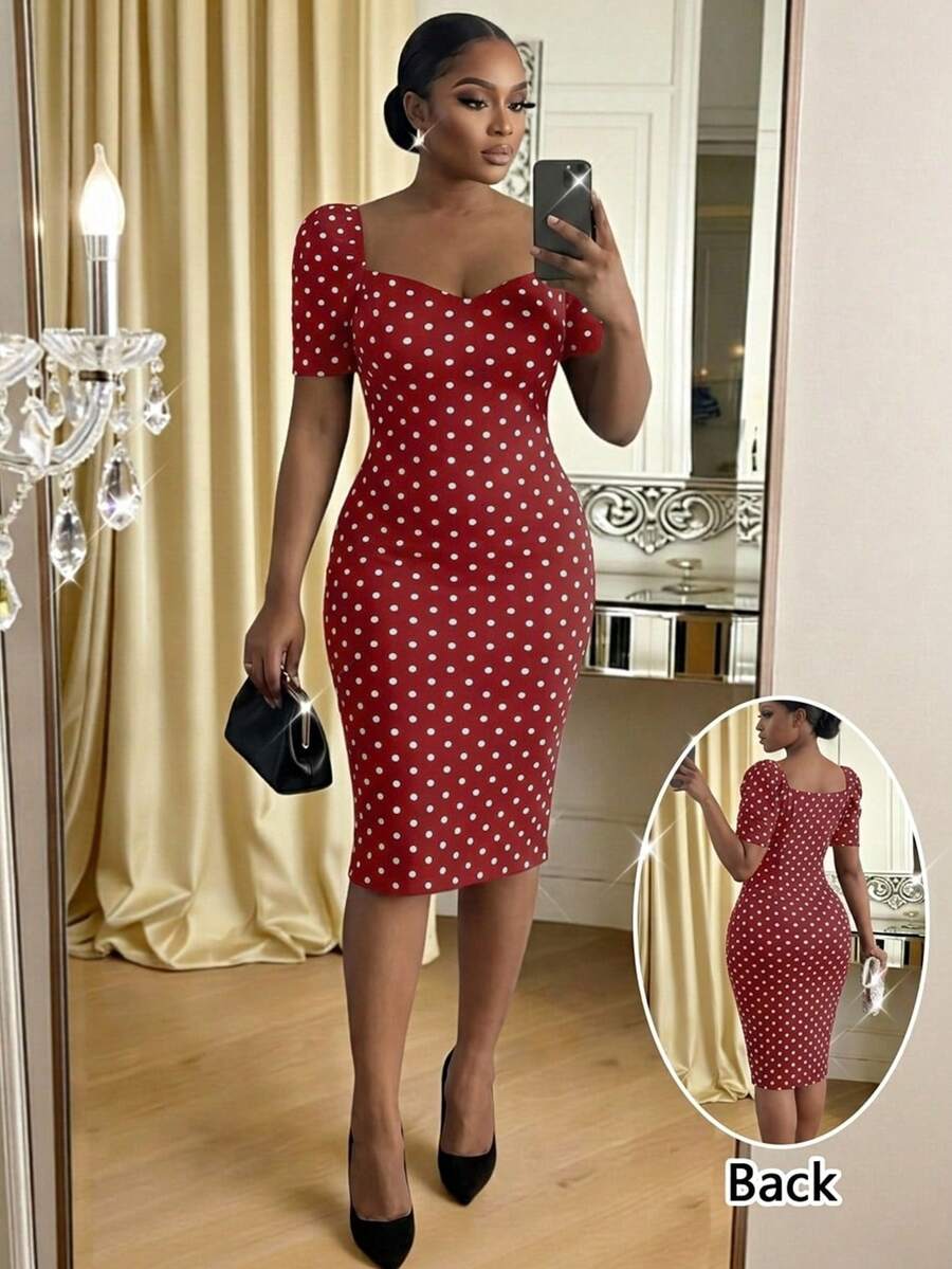 SHEIN Lady CURVE Đầm dự tiệc cỡ lớn dành cho nữ, chấm bi, thanh lịch, thắt eo. - Màu Đỏ Sâu - Xem 1