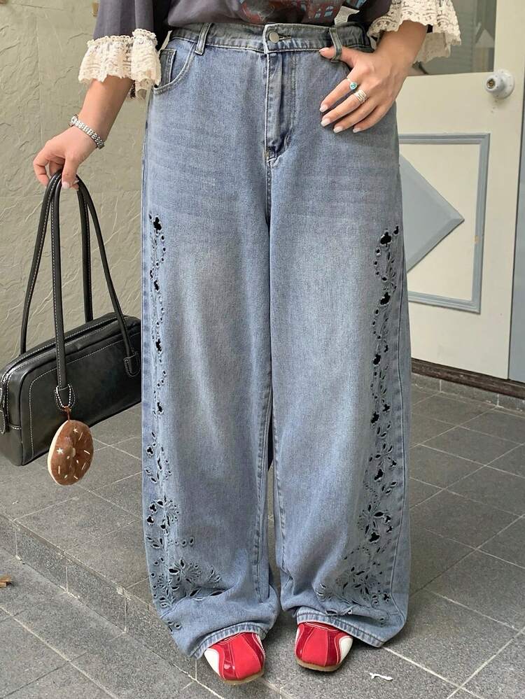 Dazy Plus Hollow Design Loose Casual Jeans, Korean Style Plus Size Women Spring/Summer