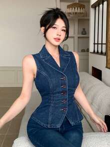 女士休闲日常通勤单排扣褶裥修身无袖牛仔衬衫，夏季 - 深色水洗藍 - 查看 10