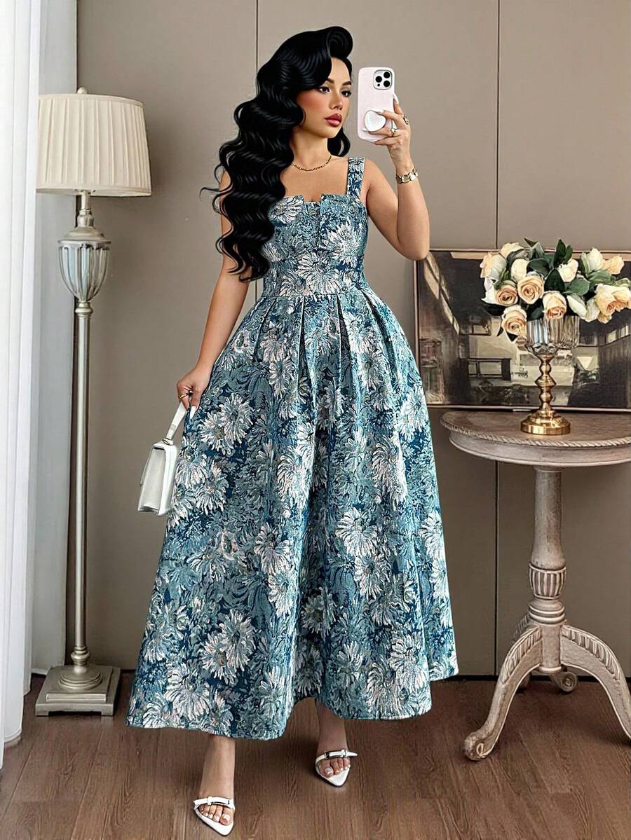 Modelyn Vestido de tirantes elegante con estampado de pintura al óleo retro francés para mujer - Azul - Ver 1