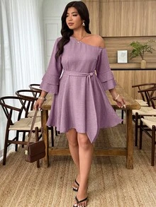 Weeklong Vestido de línea A con volantes en el hombro asimétrico, cinturón y mangas con volantes, estilo casual de vacaciones para mujer talla grande, primavera/verano - Púrpura polvoriento - View 5