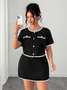 Elenzga Conjunto de 2 piezas para mujer talla grande de primavera/verano con elegancia francesa, bloque de color con cinta ondulada y bloque de color con botón de cuello redondo, blusas de salida de manga corta, con recorte de cinta ondulada de bloque de color, falda pantalón de negocios casuales para el verano - Blanco y Negro - Ver 3