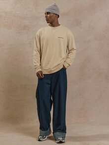 Long Sleeve Oversized Crew Neck "MUSERO STUDIO" Graphic Slogan Print Tshirt Essentials Spring&Summer - Khaki - View 4