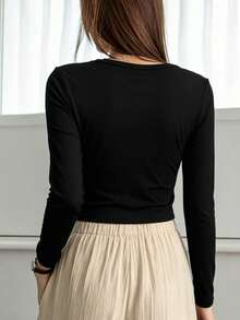 Dazy-Less Áo thun nữ dài tay cổ tròn dáng ôm thanh lịch, chất liệu cotton, thích hợp cho mùa xuân/hè. - màu đen - Xem 3