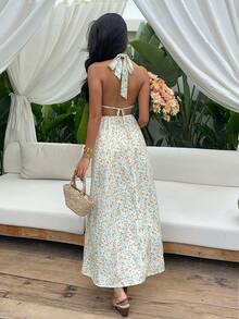 Sunnyshic Vestido de mujer con estampado floral diminuto, cuello halter en V y espalda descubierta, adecuado para vacaciones de primavera/verano - Multicolor - Ver 2