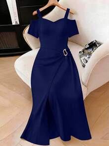 Elenzga Plus Size Elegant Solid Color Off-Shoulder Wrap Dress, Summer - Navy Blue - View 1