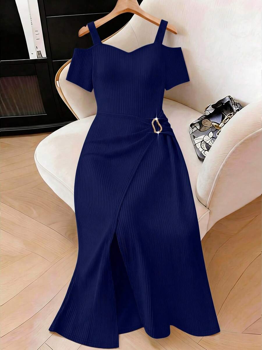 Elenzga Plus Size Elegant Solid Color Off-Shoulder Wrap Dress, Summer - Navy Blue - View 1