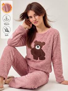 Loomlin 2 piezas Conjunto de pijama de ropa de casa con detalles bordados de oso de peluche - Rosa vieja - Ver 1