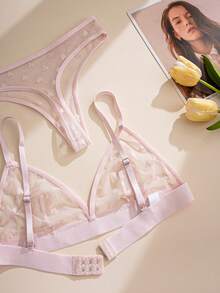 PetitDoll Conjunto de lencería de 6 piezas con sujetador triangular sin aros, de malla jacquard transparente con diseño de corazón, para el Día de San Valentín - Multicolor - Ver 6