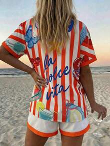 Conjunto de camisa de manga corta con botones y pantalones cortos con estampado de peces para mujer - Naranja 2 - Ver 7