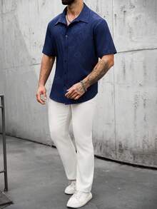 Manfinity Homme Plus Size Men's Navy Blue Floral Print Front Button Short Sleeve Shirt - Navy Blue - View 7