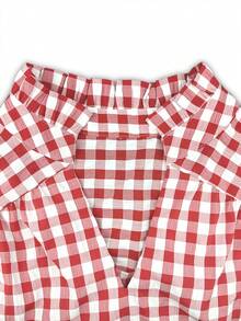 Linhara Women's Plus-Size Red And White Checkered Blouse, Retro 1920s 90s Country Picnic Brunch Style, Autumn Ruffled Stand-Up Collar V-Neck Loose-Fitting Top - Red - View 6