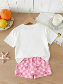 Young Girls T-Shirt Set, Summer Sweet OOTD Girls Contrast Color Lemon Short Sleeve Set, Sweet Bow Plaid Shorts, Children 2 Pieces Set - Multicolor - View 2
