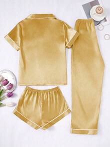 SHEIN Bộ đồ ngủ nữ 3 món phối màu tương phản, chất liệu giả lụa, cổ ve áo. - Màu vàng - Xem 2
