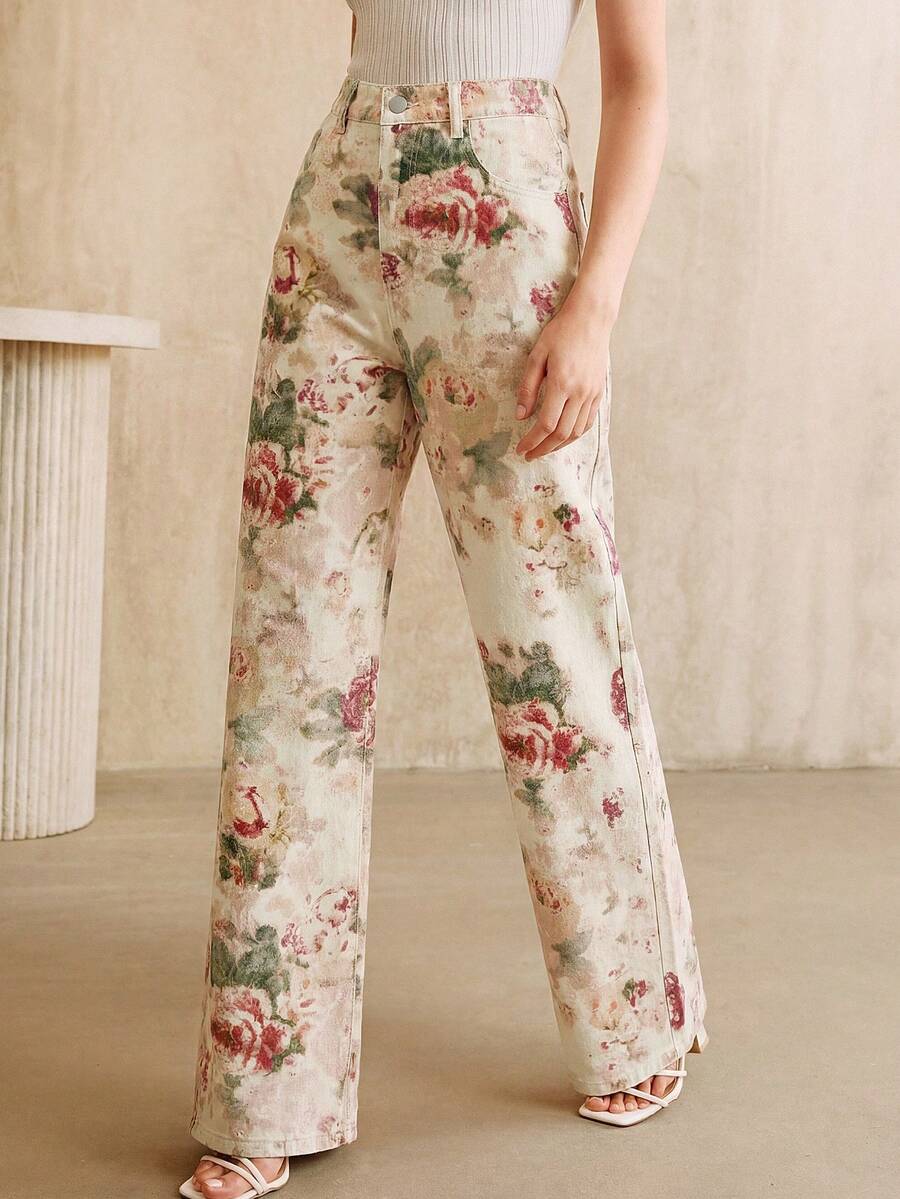 Anewsta Jeans rectos de pierna con estampado rosa de moda para mujer - Albaricoque - Ver 1