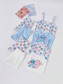 SHEIN GraphicGems 8件套女童简约时尚粉白甜心睫毛波点印花吊带背心和短裤内衣套装 - 彩色 - 查看 3