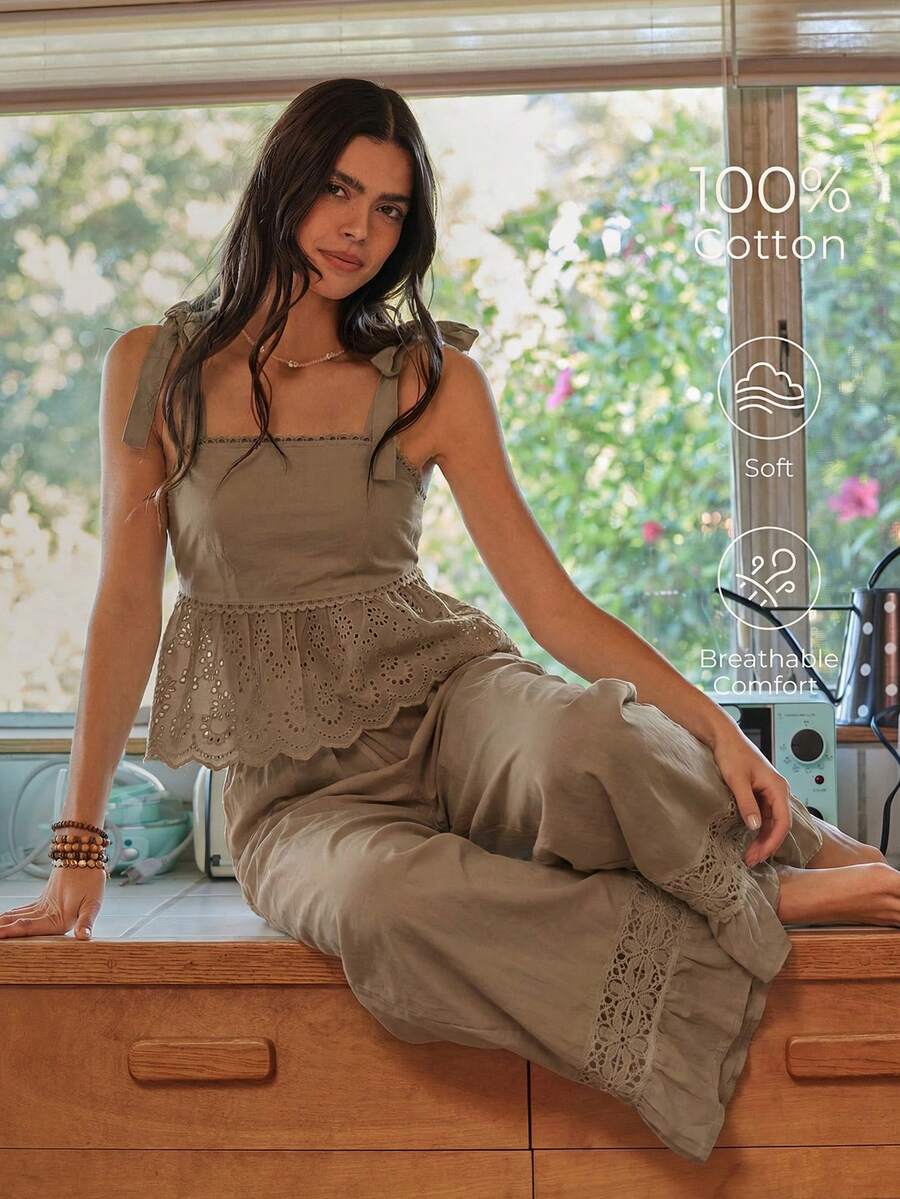 Bộ đồ ngủ nữ bằng vải cotton dệt kiểu Bohemian với dây đeo mảnh. - Xám - Xem 1