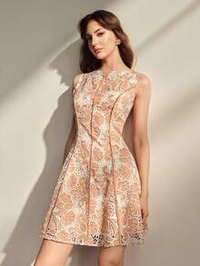 Anewsta Summer Holiday Outfit, Sleeveless Tank Top With Splicing Design, Hollow Embroidery Textured Classic A-Line Elegant Women Dress - Burnt Orange - View 7