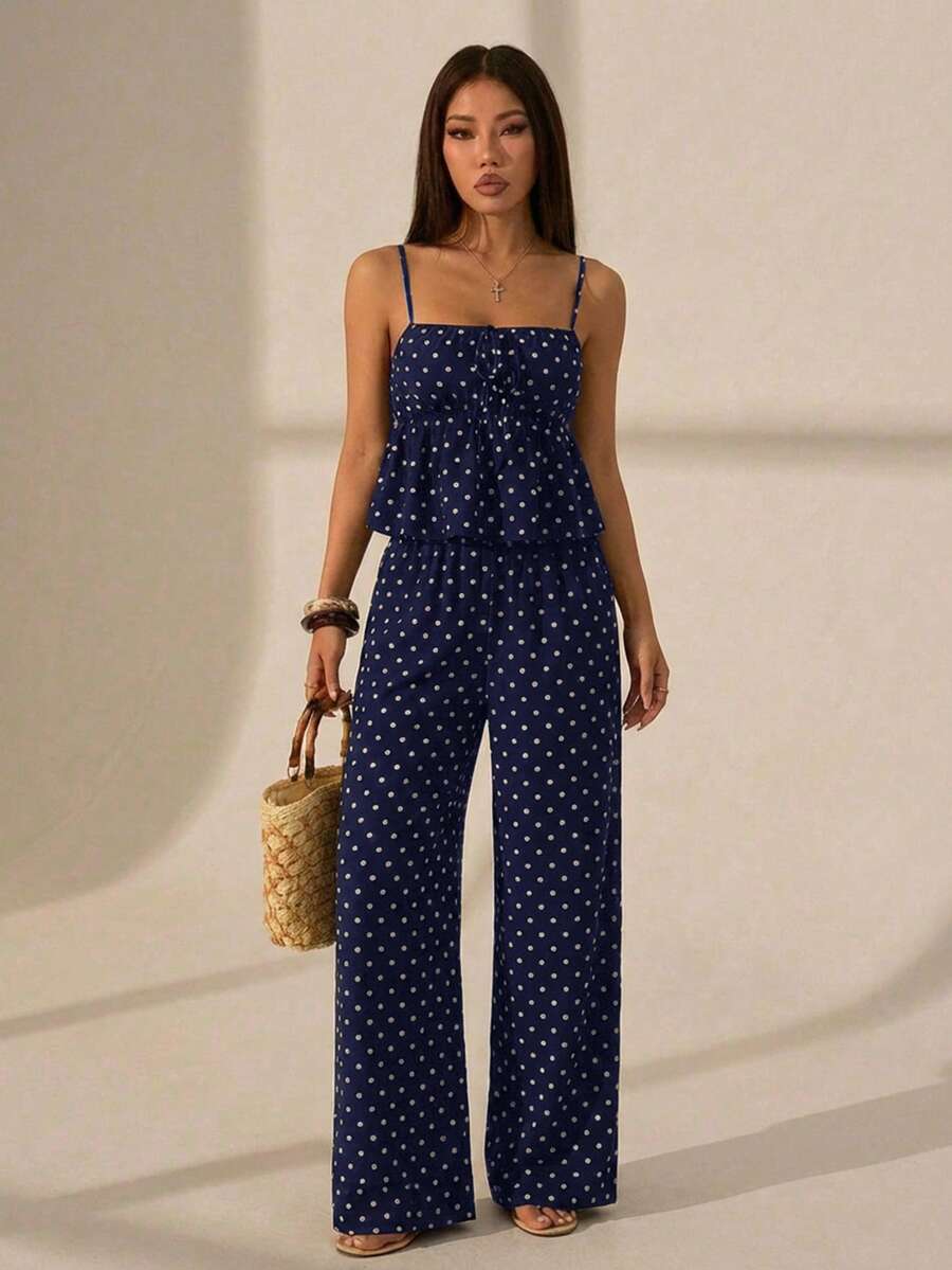 SHEIN PETITE Women's Casual Black Polka Dot Print Camisole And Pants 2 Pieces Set, Cute Polka Dot 2 Pieces Set For Summer, Polka Dot 2 Pieces Set For Valentine's Day Polka Dot Outfit 2 Pcs Set Women Summer,Vacation Outfits Women - Navy Blue - View 1
