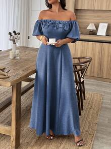 SHEIN LUNE Plus Size Solid Color Off-Shoulder Waist Cinching Dress With 3D Floral Decor - Blue - View 6