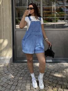 Dripcurv Plus-Size Women's Blue Retro Jumpsuit, Street-Style Preppy Denim Overalls Shorts, New Year's Outfit - Medium Wash - View 7