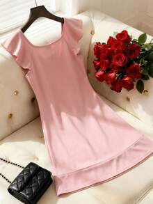 Pitira Robe rose à col rond et coupe évasée avec décoration de nœud 3D pour jeunes filles, ourlet à volants mi-genoux, robe élégante et mignonne convenant pour les fêtes, les mariages et les occasions formelles - Rose bonbon - Voir 2