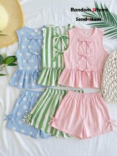SHEIN Random 3items,Send 1item Tween Girls' Woven Green & White Striped Sleeveless Shirt With Cute Bow Decor & Ruffle Hem, Paired With Casual Shorts, 2pcs Set, Suitable For Spring/Summer, Daily Wear, Spring Outing, Back To School Mothers Day Outfit Graduation Sets