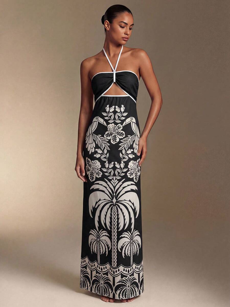 Swim Oasis Casual Vacation Sexy Tie-Up Halter Slit Hollow Out Long Dress For Women - Multicolor - View 1