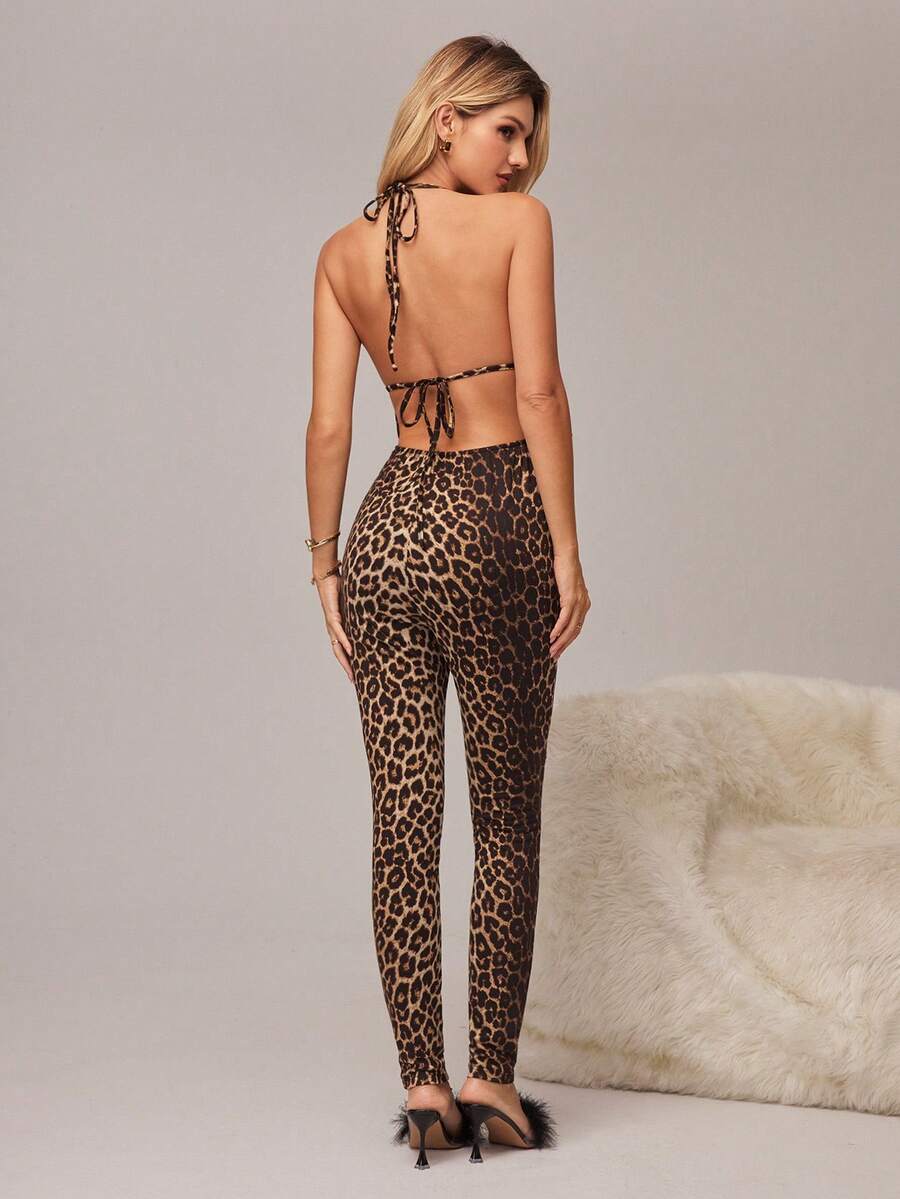 HautHeat Pijama mono de mujer con estampado de leopardo y escote en V sexy - Café integral - Ver 1