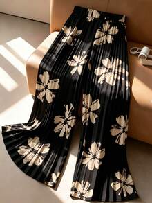 GlowEve CURVE Plus Size Women's Autumn Floral Print Casual Boho Pants, Loose Straight Leg Design, Crease-Resistant, Commute Daily Wear Vacation Black - Multicolor - View 3