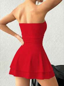 SHEIN PETITE Vestido mini sexy sin tirantes con estampado de leopardo y volantes en capas, para mujeres de talla pequeña - Rojo - Ver 2