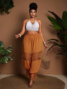 Maweii Plus Size Women Lace Patchwork Lantern Pants - Orange - View 6