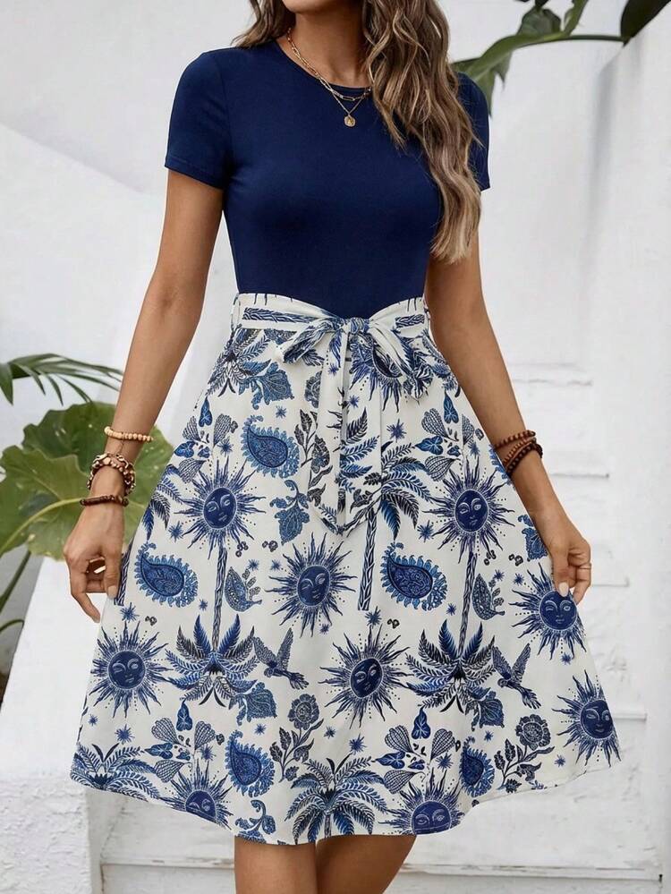 Women's Vacation Sun Face Print Round Neck Short Sleeve Casual Mid-Length Dress Summer Dresses For Women Summer Outfits For Women Elegant Dresses For Women Elegant Dresses For Ladies