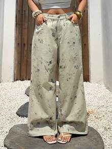 Dazy Plus Fully Allover Print Washed Korean Style Loose Casual Jeans, Plus Size Women Spring/Summer - Apricot - View 9