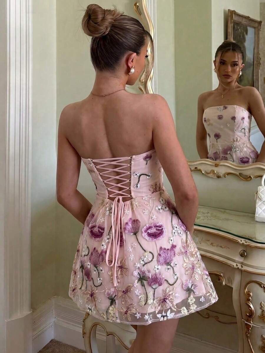 Glamine Charm 女士刺绣无肩带系带连衣裙，浪漫度假及婚礼派对礼服，粉色连衣裙 - 粉色 - 查看 1