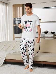 CoupledUp Cute Cow Cartoon Print Couple Pajama Set - White - View 2