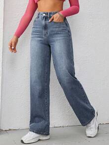 Jeanoix Plus Size Women Casual High Street Daily Commute Versatile Straight Leg Jeans Occasion Blue Summer - Medium Wash - View 4