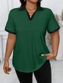 SHEIN CURVE+ Plus Size Women Casual Commuting Outdoor Versatile Contrast Color Short Sleeve T-Shirt, Spring/Summer - Green - View 7